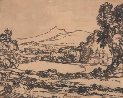 Landschaft mit einem See und einem fernen Berg von Alexander Cozens