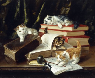 Kätzchen spielen auf dem Schreibtisch von Alfred Brunel de Neuville