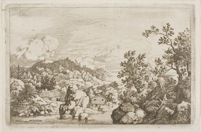 Fluss zwischen Felsen und Holzhütten von Allaert van Everdingen