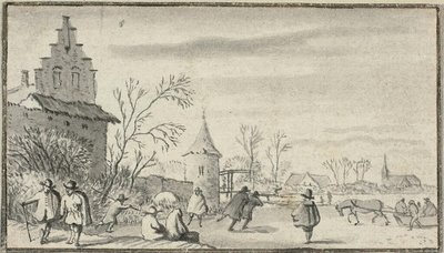 Schlittschuhläufer auf einem Teich außerhalb der Stadt von Allaert van Everdingen
