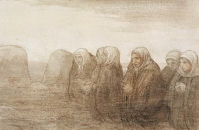 Sechs Bäuerinnen beten auf einem Herbstfeld von Alphonse Legros