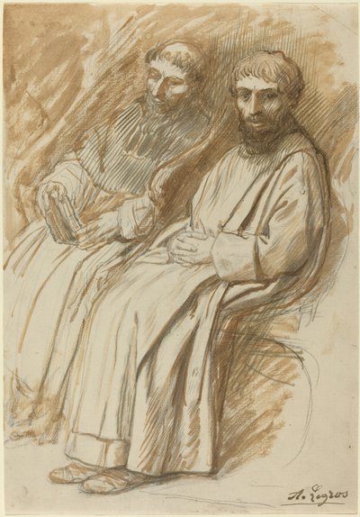 Zwei Mönche in einer Kirche sitzend von Alphonse Legros