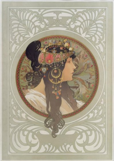 Byzantinischer Kopf: Brünette von Alphonse Mucha