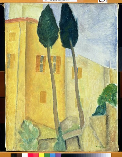 Zypressen und Haus von Amedeo Modigliani