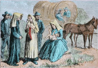 Amerikanischer Planwagenzug, ca. 1860 (farbige Gravur) von American School