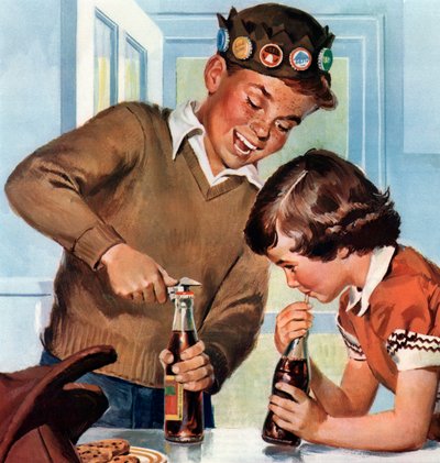Junge und Mädchen genießen glücklich Softdrinks von American School