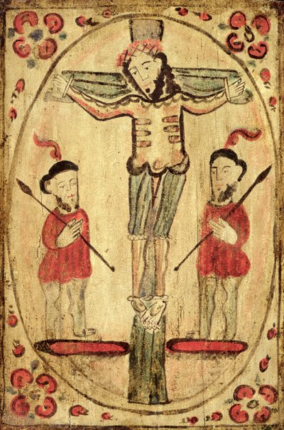 Christus am Kreuz und zwei Figuren von American School