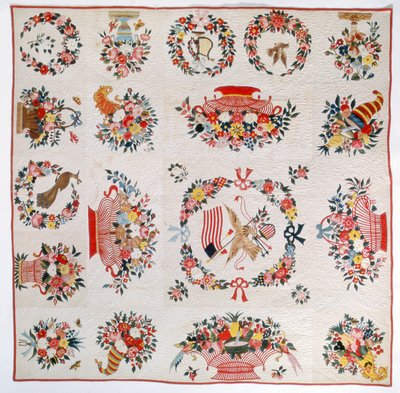 Flaggen- und Blumenquilt, ca. 1860 (Baumwolle) von American School