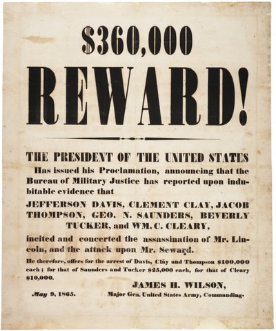 Belohnung für die Ermordung Lincolns, 9. Mai 1865 von American School