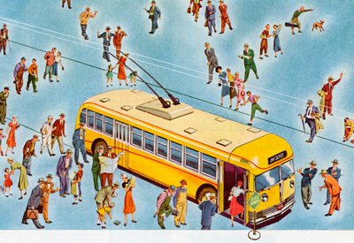 Fußgänger steigen in einen Stadtbus ein von American School