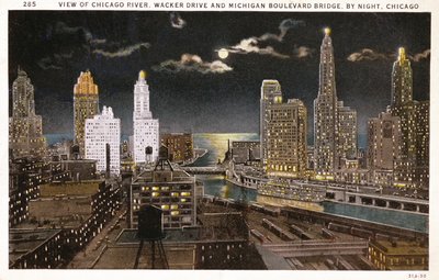 Postkarte von Chicago bei Nacht von American School