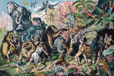 Prähistorischer Mensch kämpft gegen wilde Tiere von American School