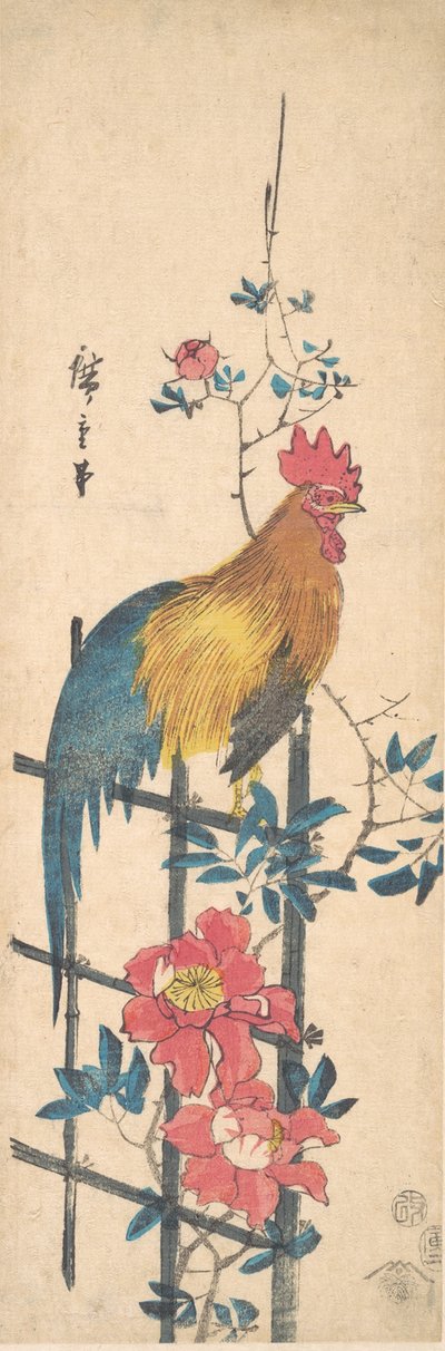 Pfingstrose und Hahn, 1854 von Ando Hiroshige