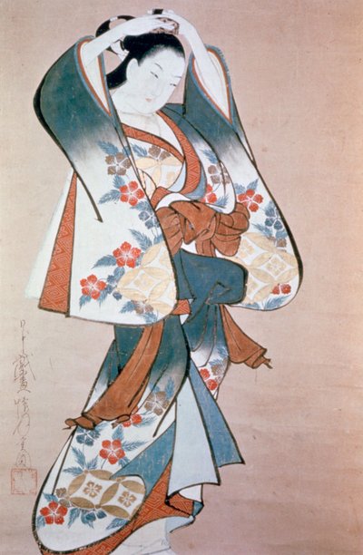 Stehende Schönheit, die ihr Haar richtet, ca. 1714 von Ando Kaigetsudo