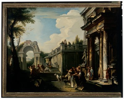 Architektonische Capriccio mit Brunnen von Andrea Locatelli