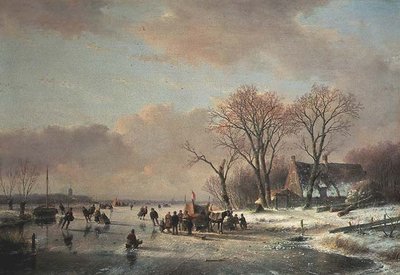 Winterflusslandschaft mit zahlreichen Schlittschuhläufern von Andreas Schelfhout