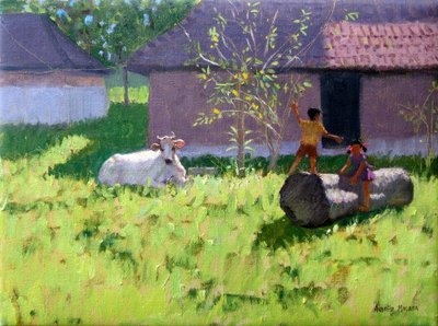Weiße Kuh und zwei Kinder, Mankotta Island, Kerala, Indien von Andrew Macara