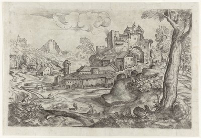 Landschaft mit Fluss und Schloss von Angelo Falconetto (attributed to)