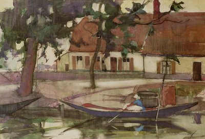 Boot auf einem Kanal, französisches Dorf von Anne Redpath