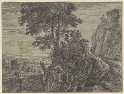 Landschaft mit einem Gebäude auf einem Felsen von Anonymous