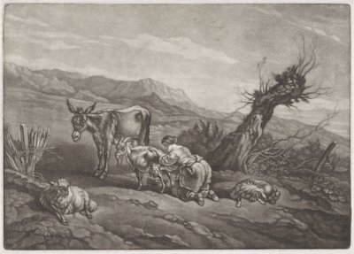 Landschaft mit einer Hirtin, die eine Ziege melkt von Anonymous