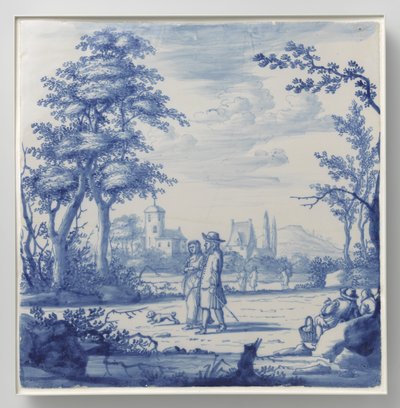 Platte bemalt mit Landschaft mit Figuren von Anonymous