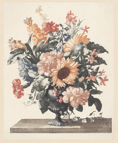 Steinvase mit unter anderem Sonnenblumen und Nelken von Anonymous