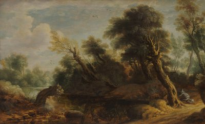 Waldlandschaft mit einem Wildjäger an einem Bach von Anonymous
