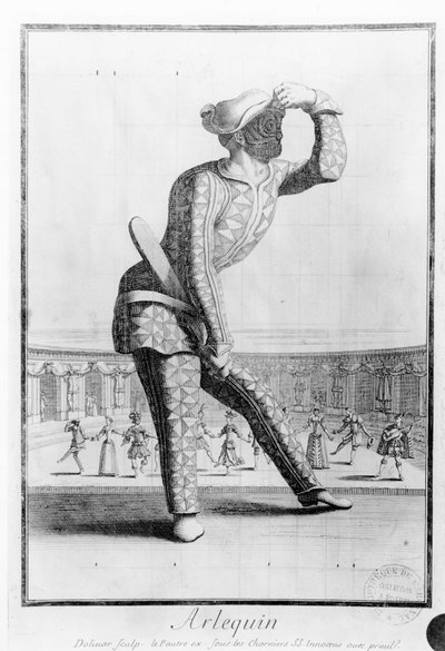 Harlekin, graviert von Juan Dolivar (1641-92) von Antoine Le Pautre
