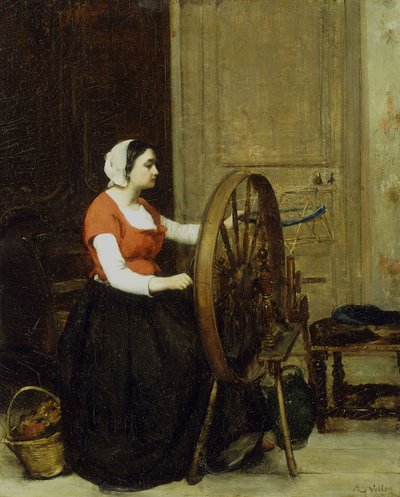 Frau und Spinnrad, ca. 1860? von Antoine Vollon