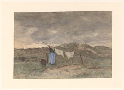 Frau an einer Wäscheleine in den Dünen von Anton Mauve