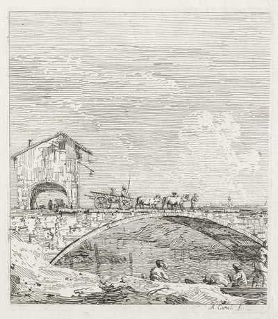 Ansichten: Ein Wagen überquert eine Brücke von Antonio Canaletto