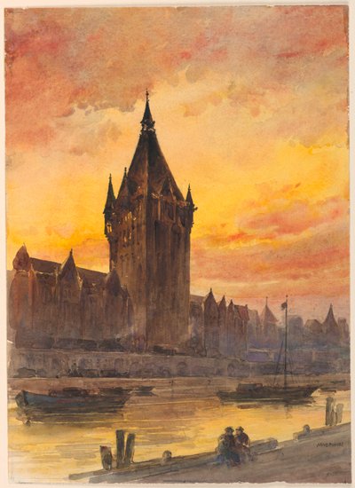 Sonnenuntergang über Turm und Fluss von Arnold William Brunner