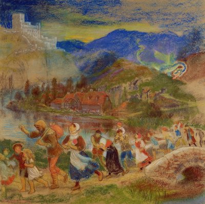 Dorfbewohner fliehen vor einem Drachen von Arthur Hughes