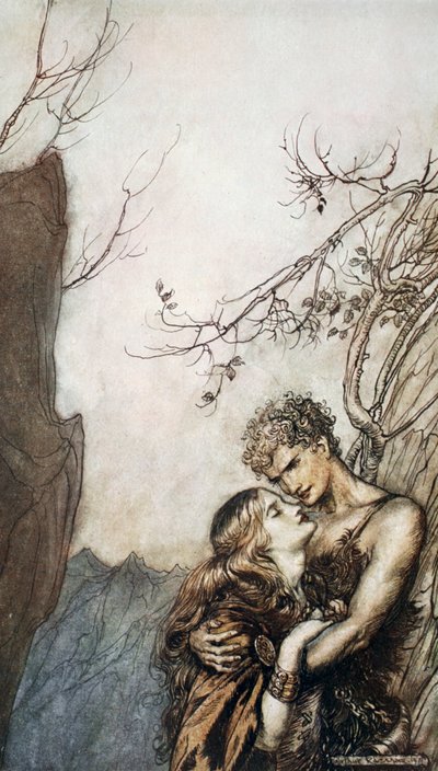 Brunnhilde wirft sich in Siegfrieds Arme, 1924 von Arthur Rackham