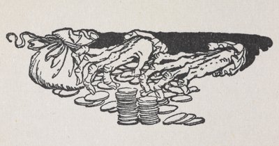 Illustration von Scrooges Händen, die Geld zählen von Arthur Rackham