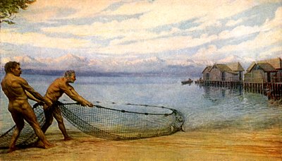 Pfahlbauern beim Fischen, prähistorischer Mensch (Druck) von Artist Unknown