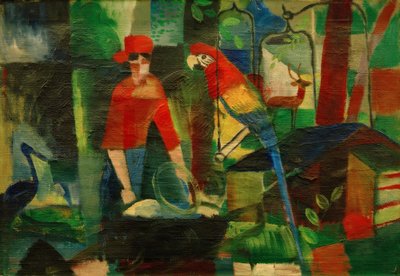 Frau mit Papagei in einer Landschaft von August Macke