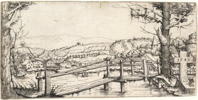 Flusslandschaft mit einer Fußbrücke von Augustin Hirschvogel
