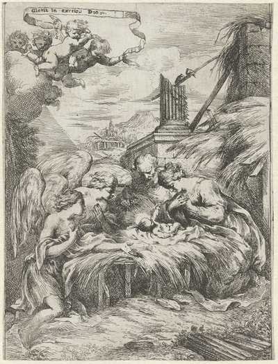 Anbetung durch Maria, Josef und Engel von Bartolomeo Biscaino