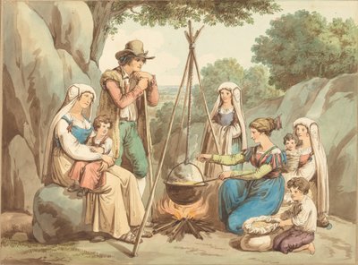 Eine Bauernfamilie kocht über einem Lagerfeuer von Bartolomeo Pinelli