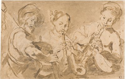 Drei Musiker, die Hörner und Pfeife spielen von Bernardo Strozzi