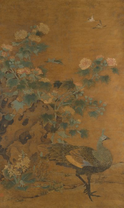 Pfau und Stockrosen von Bian Lu