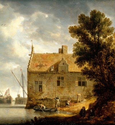 Bauarbeiter reparieren ein Haus am Fluss von Bonaventura Peeters