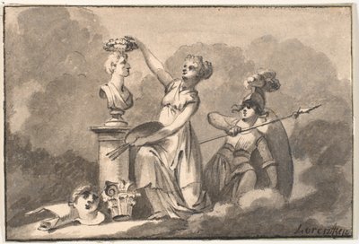 Kunst und Wissenschaft bekränzen eine Büste von C.A. Lorentzen