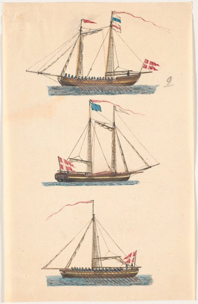Drei Marineschiffe mit dänischen Flaggen. Rudergezogen von C.A. Lorentzen