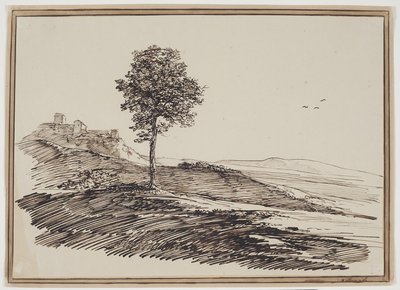 Berglandschaft mit Bäumen, im Hintergrund Häuser von C.F. von Rumohr