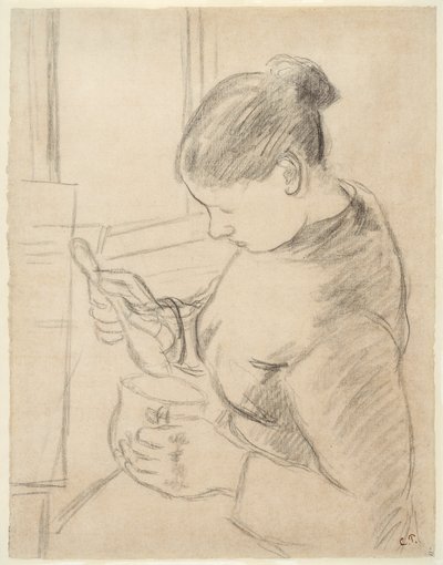 Junge Bäuerin beim Kaffeetrinken von Camille Pissarro