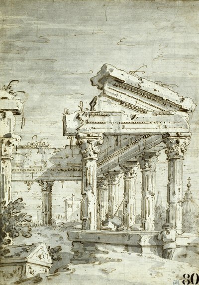 Capriccio: Ein zerstörter klassischer Tempel von Canaletto