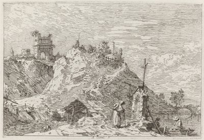 Landschaft mit dem Pilger im Gebet (oben links) von Canaletto